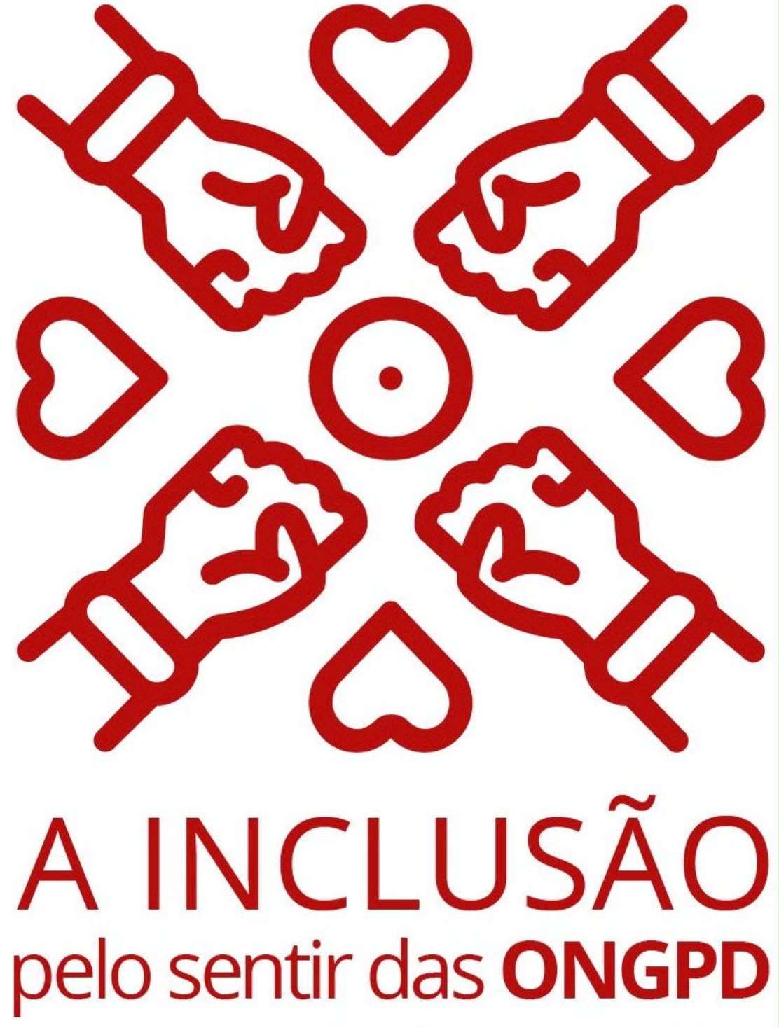 : Logotipo em vermelho sobre fundo branco, formado por quatro mãos estilizadas apontando para um círculo central, intercaladas com quatro corações. Abaixo do desenho está o texto: A inclusão pelo sentir das ONGPD
